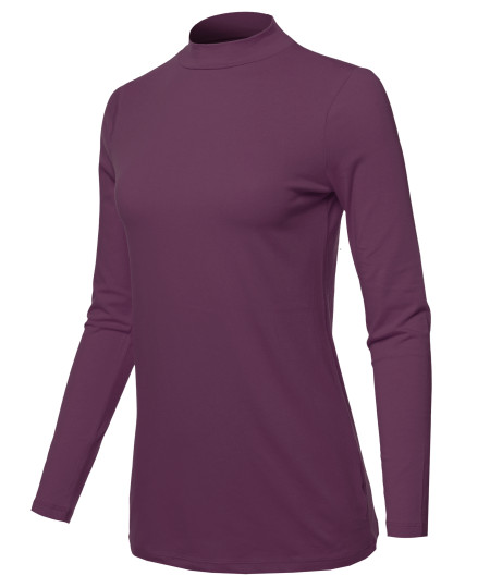 Women's Basic Cotton Mock Neck Long Sleeve Top