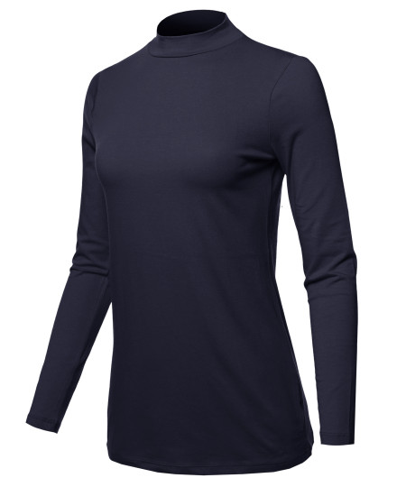 Women's Basic Cotton Mock Neck Long Sleeve Top