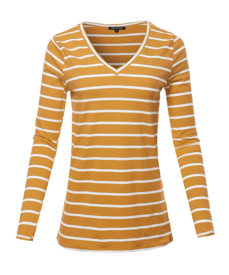 Women's COTTON STRIPED V-NECK TOP