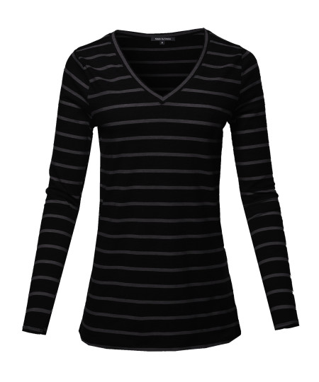 Women's COTTON STRIPED V-NECK TOP