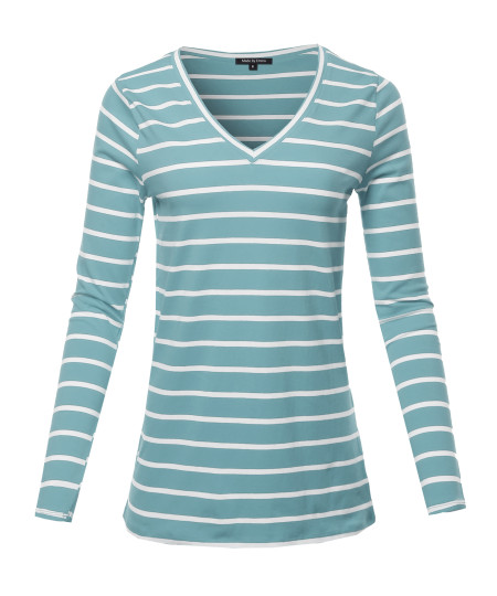 Women's COTTON STRIPED V-NECK TOP