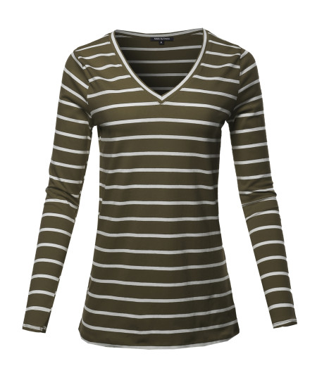 Women's COTTON STRIPED V-NECK TOP