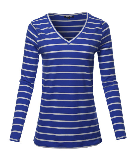 Women's COTTON STRIPED V-NECK TOP