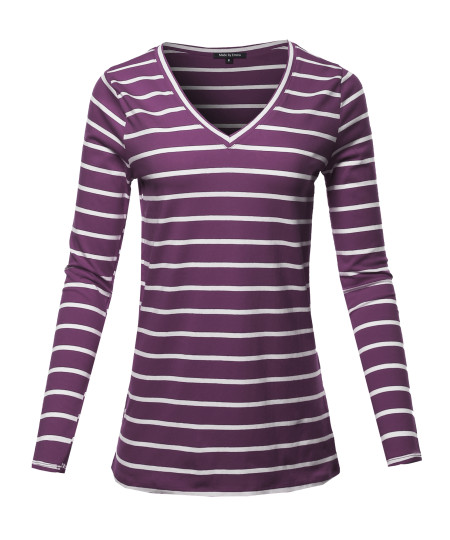 Women's COTTON STRIPED V-NECK TOP