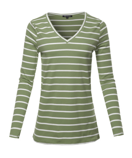 Women's COTTON STRIPED V-NECK TOP