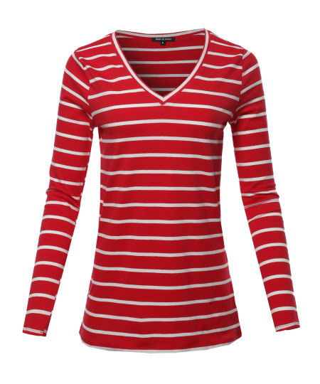 Women's COTTON STRIPED V-NECK TOP