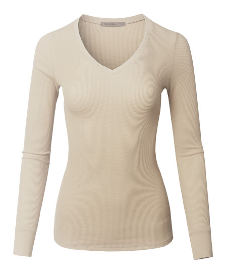 Women's Solid Basic Fitted T-Shirt V-Neck Long Sleeves Thermal Top Shirts