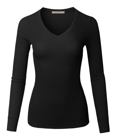 Women's Solid Basic Fitted T-Shirt V-Neck Long Sleeves Thermal Top Shirts