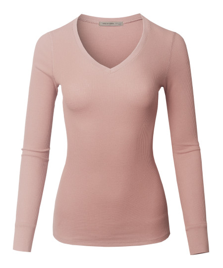 Women's Solid Basic Fitted T-Shirt V-Neck Long Sleeves Thermal Top Shirts