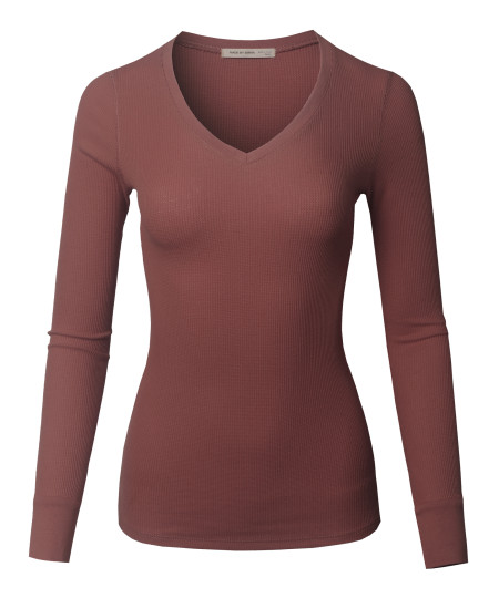 Women's Solid Basic Fitted T-Shirt V-Neck Long Sleeves Thermal Top Shirts