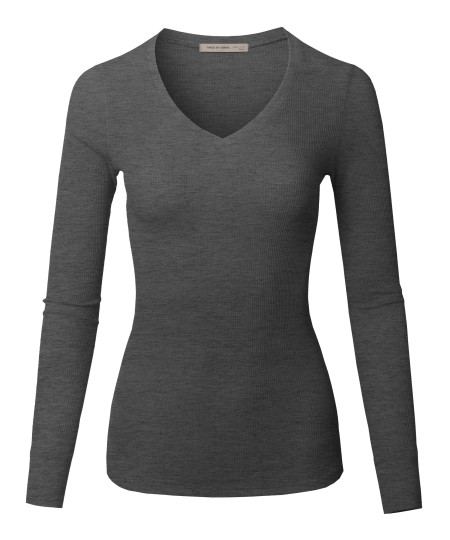 Women's Solid Basic Fitted T-Shirt V-Neck Long Sleeves Thermal Top Shirts