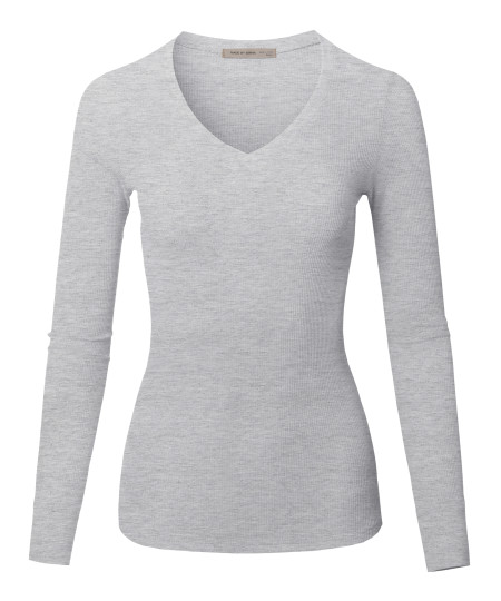 Women's Solid Basic Fitted T-Shirt V-Neck Long Sleeves Thermal Top Shirts