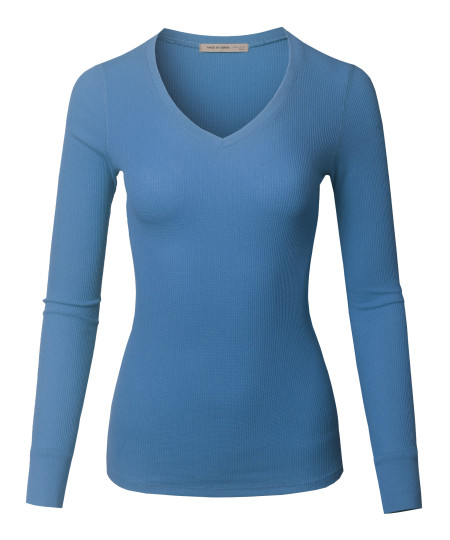 Women's Solid Basic Fitted T-Shirt V-Neck Long Sleeves Thermal Top Shirts