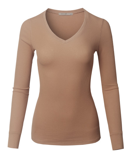 Women's Solid Basic Fitted T-Shirt V-Neck Long Sleeves Thermal Top Shirts