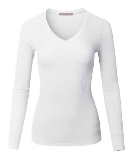 Women's Solid Basic Fitted T-Shirt V-Neck Long Sleeves Thermal Top Shirts