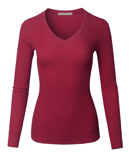 Women's Solid Basic Fitted T-Shirt V-Neck Long Sleeves Thermal Top Shirts