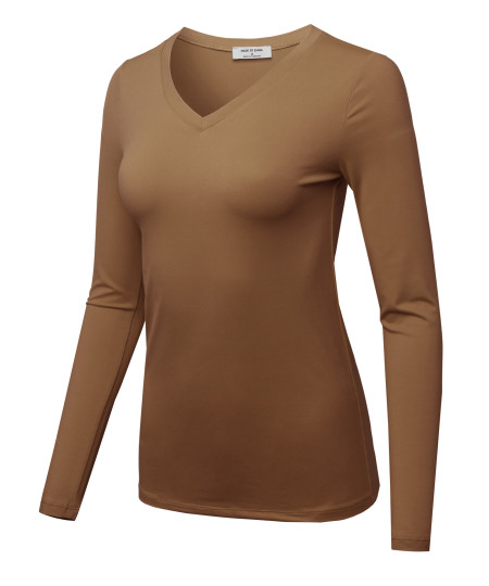 Women's Solid Basic Fitted T-Shirt V-Neck Long Sleeves Top Shirts