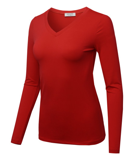 Women's Solid Basic Fitted T-Shirt V-Neck Long Sleeves Top Shirts