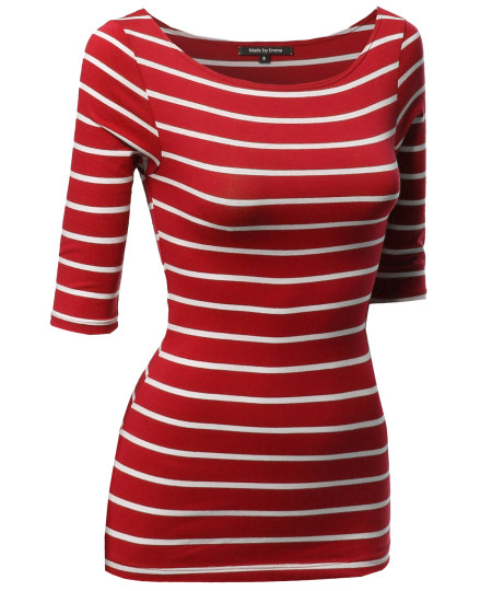 Women's Junior Basic Casual 3/4 Sleeves Stripe Boat Neck Tee Top