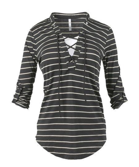 Women's Casual Lace Up V-Neckline Rolled Up Sleeve Stripe Top