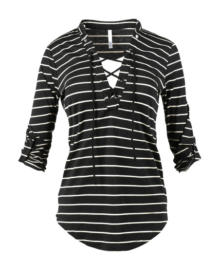 Women's Casual Lace Up V-Neckline Rolled Up Sleeve Stripe Top
