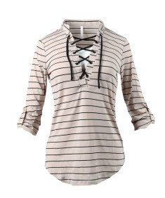 Women's Casual Lace Up V-Neckline Rolled Up Sleeve Stripe Top