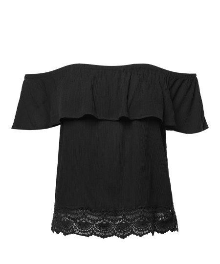 Women's Casual Solid Off Shoulder Lace Trim Bottom Hem Ruffle Top