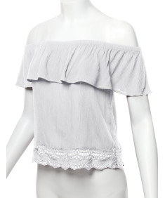 Women's Casual Solid Off Shoulder Lace Trim Bottom Hem Ruffle Top