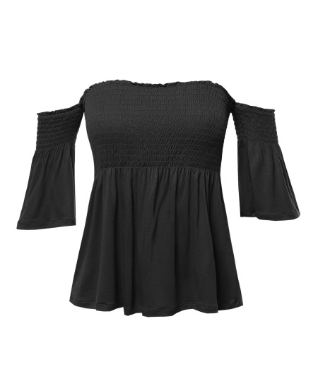 Women's Casual Solid Off Shoulder Smocked Top 