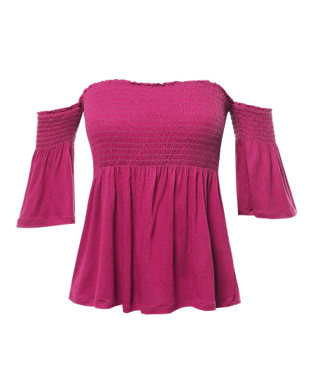 Women's Casual Solid Off Shoulder Smocked Top 
