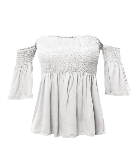 Women's Casual Solid Off Shoulder Smocked Top 