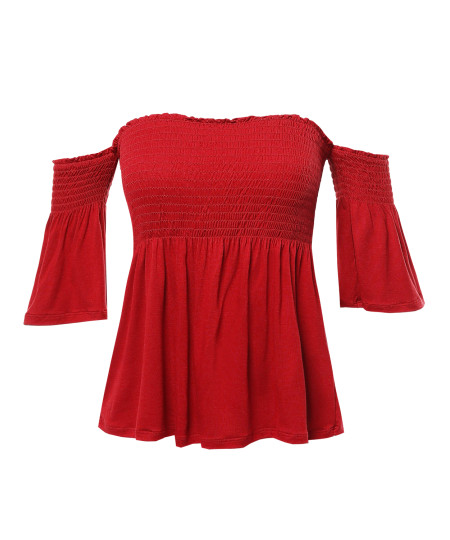 Women's Casual Solid Off Shoulder Smocked Top 