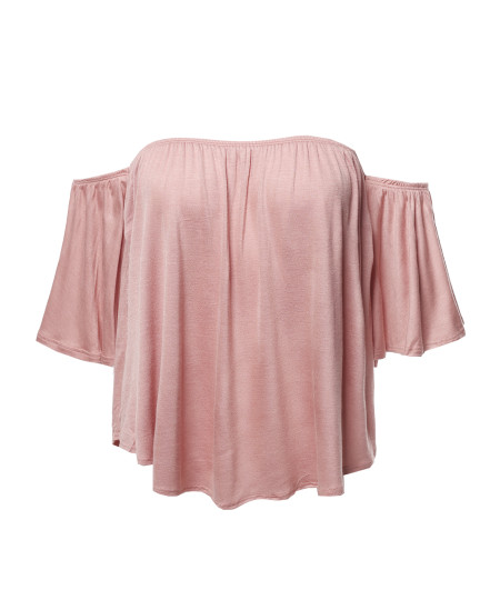 Women's Casual Solid Elastic Shoulder Line Off-Shoulder Top