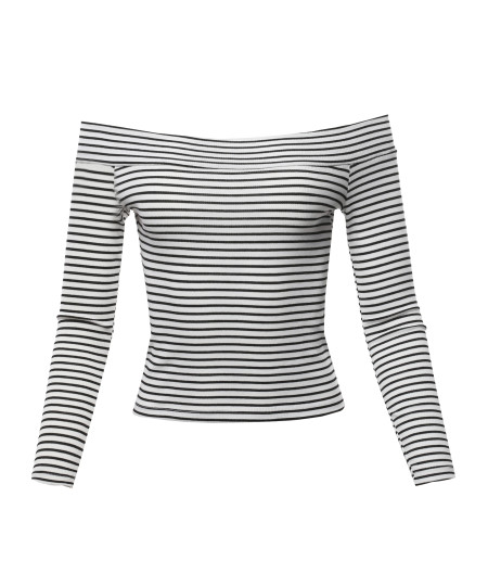 Women's Sexy Stripe Off Shoulder Ribbed Crop Top