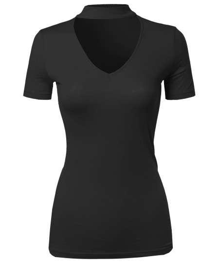 Women's Solid Tight Fit Chocker Neck V-neck Cutout Short Sleeve Top