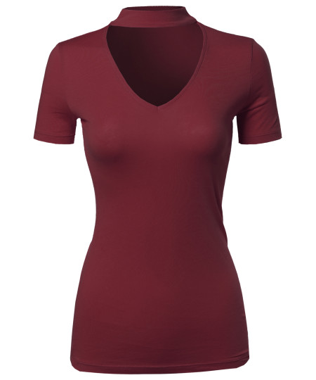 Women's Solid Tight Fit Chocker Neck V-neck Cutout Short Sleeve Top