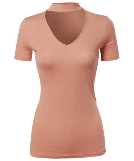 Women's Solid Tight Fit Chocker Neck V-neck Cutout Short Sleeve Top