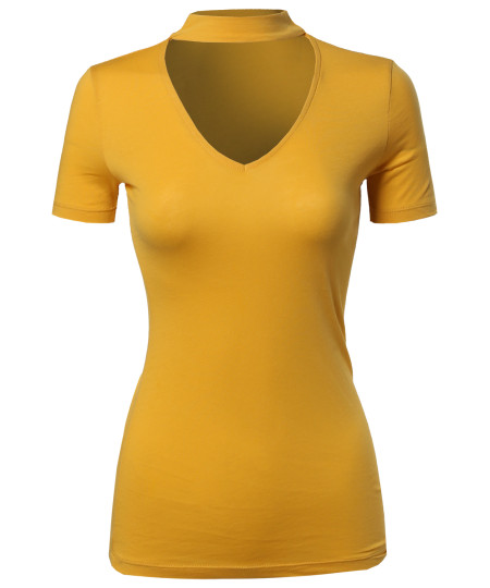Women's Solid Tight Fit Chocker Neck V-neck Cutout Short Sleeve Top