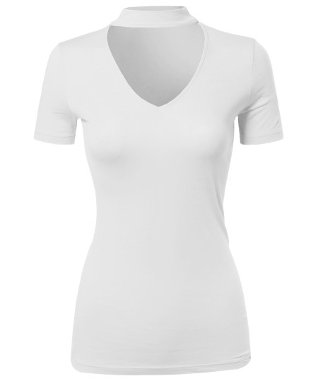 Women's Solid Tight Fit Chocker Neck V-neck Cutout Short Sleeve Top