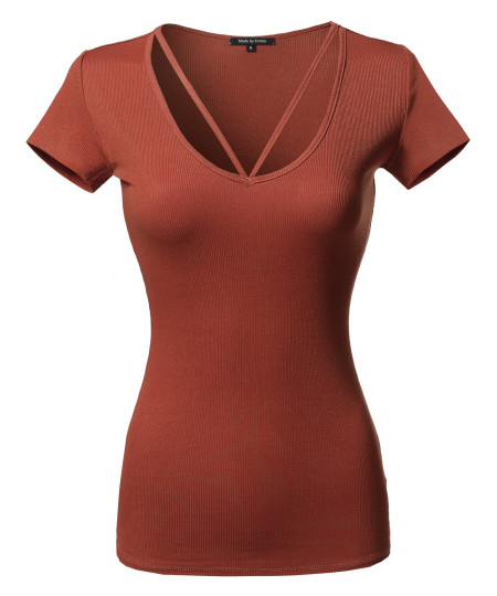 Women's Solid Caged Front Short Sleeves Soft Stretchy Ribbed Knit Top