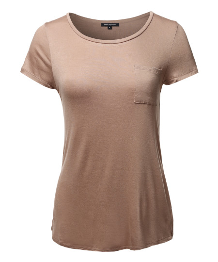 Women's Basic Short Sleeve Scoop Neck Top With Pocket