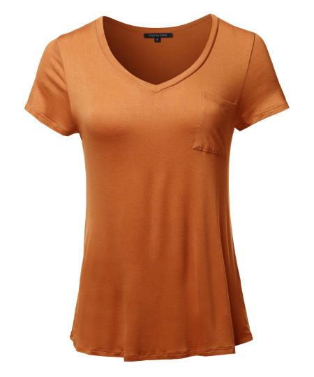 Women's Basic Short Sleeve V-Neck Pocket Top