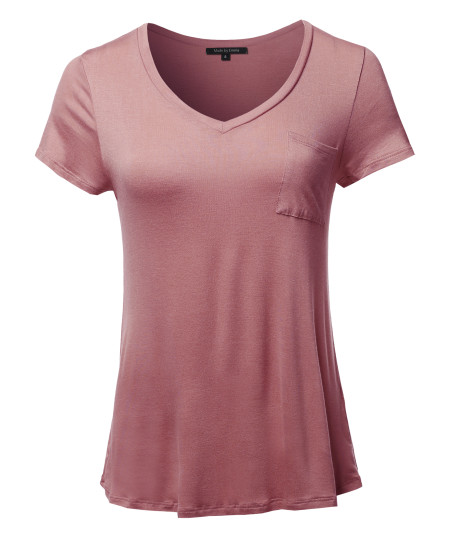 Women's Basic Short Sleeve V-Neck Pocket Top