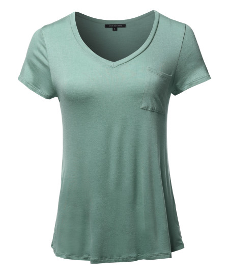 Women's Basic Short Sleeve V-Neck Pocket Top