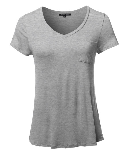 Women's Basic Short Sleeve V-Neck Pocket Top