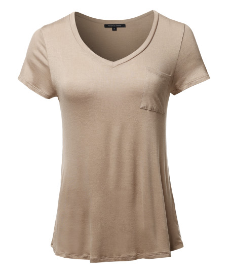 Women's Basic Short Sleeve V-Neck Pocket Top