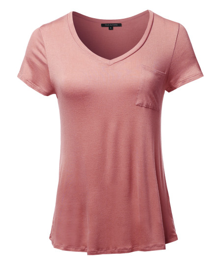 Women's Basic Short Sleeve V-Neck Pocket Top