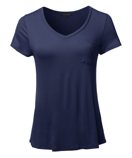 Women's Basic Short Sleeve V-Neck Pocket Top