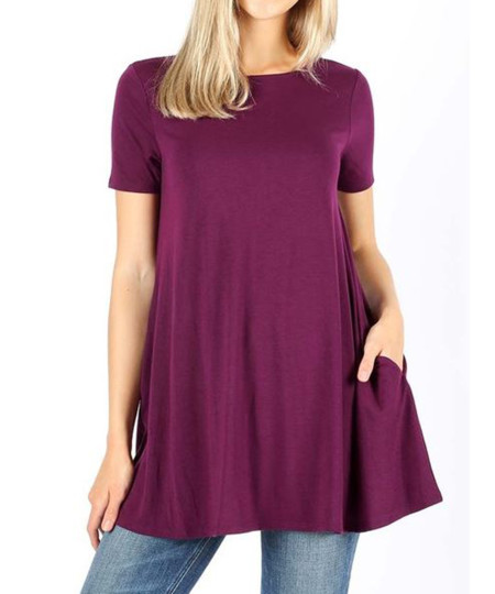 Women's Solid Short Sleeve Round Neck Side Pockets Loose Top