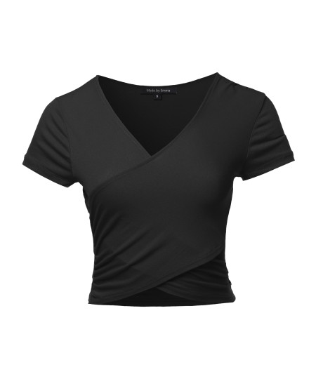 Women's Solid Wrap Front Short Sleeve V-neck Ruched Top